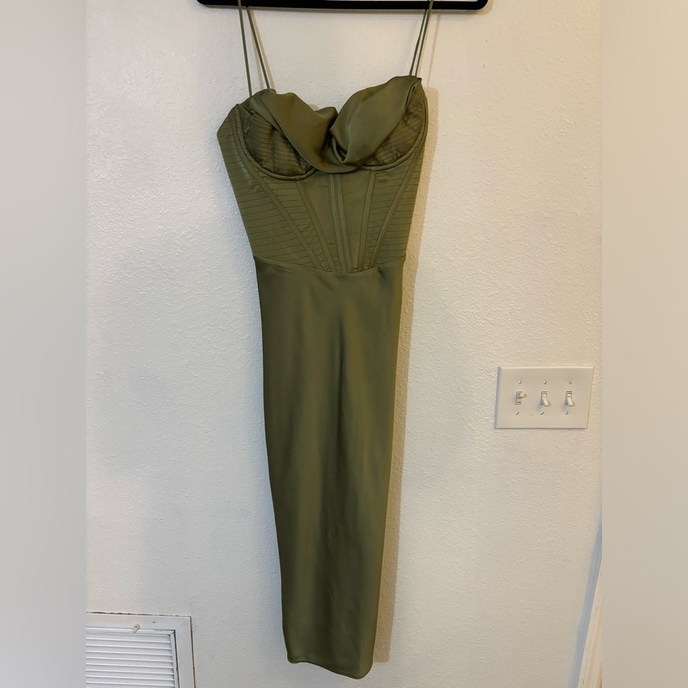 House of CB Olive green Satin Dress - Picture 7 of 8